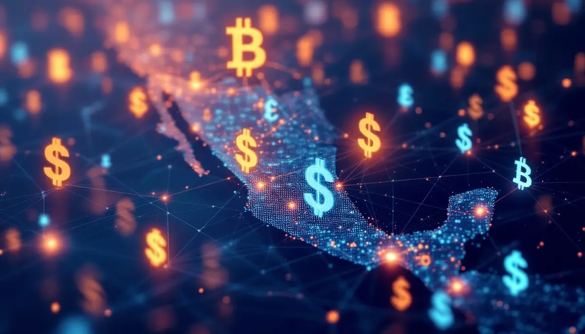 デジタル通貨のシンボルと絡み合う物流ネットワークの抽象的な表現。