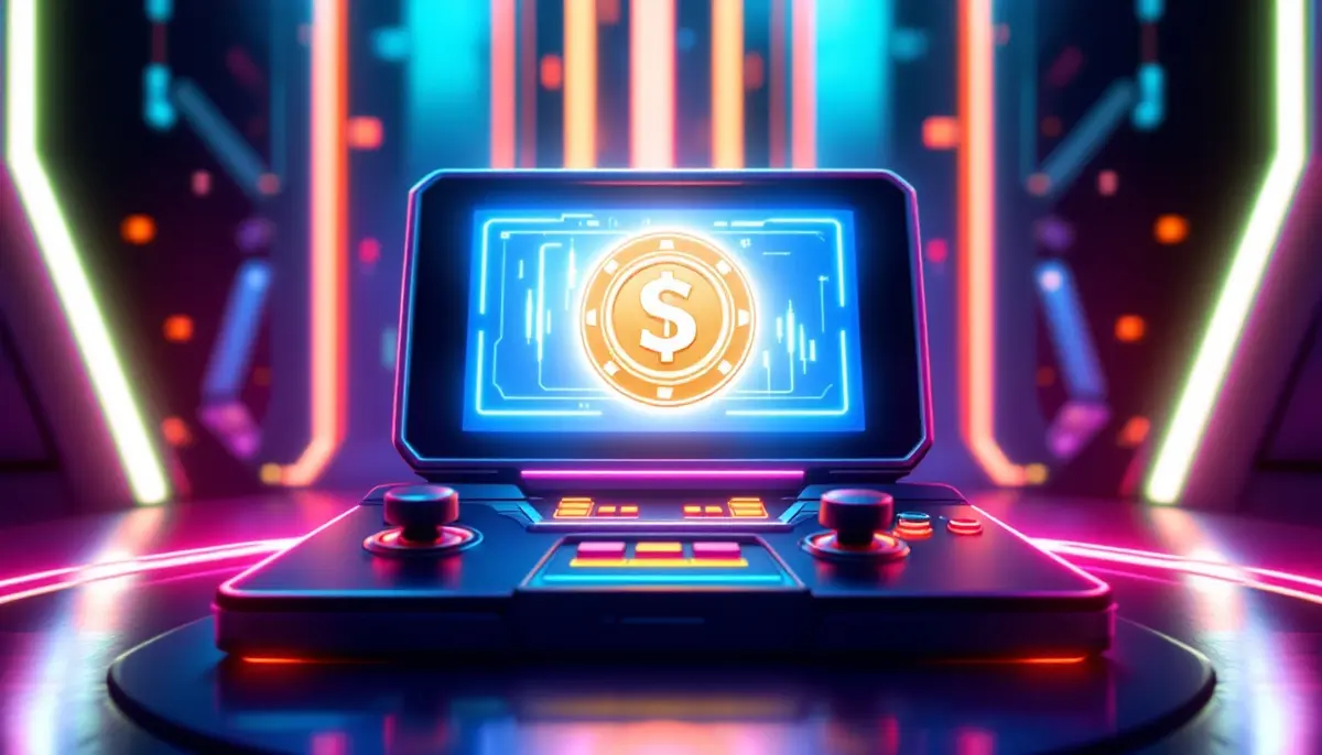 ゲームドルステーブルコインのロゴがネオンで光る未来的なゲーム機