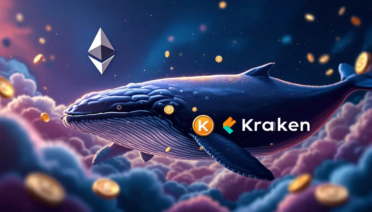 イーサリアムのロゴ近くを泳ぐクジラとKrakenへの送金を示すアイコン