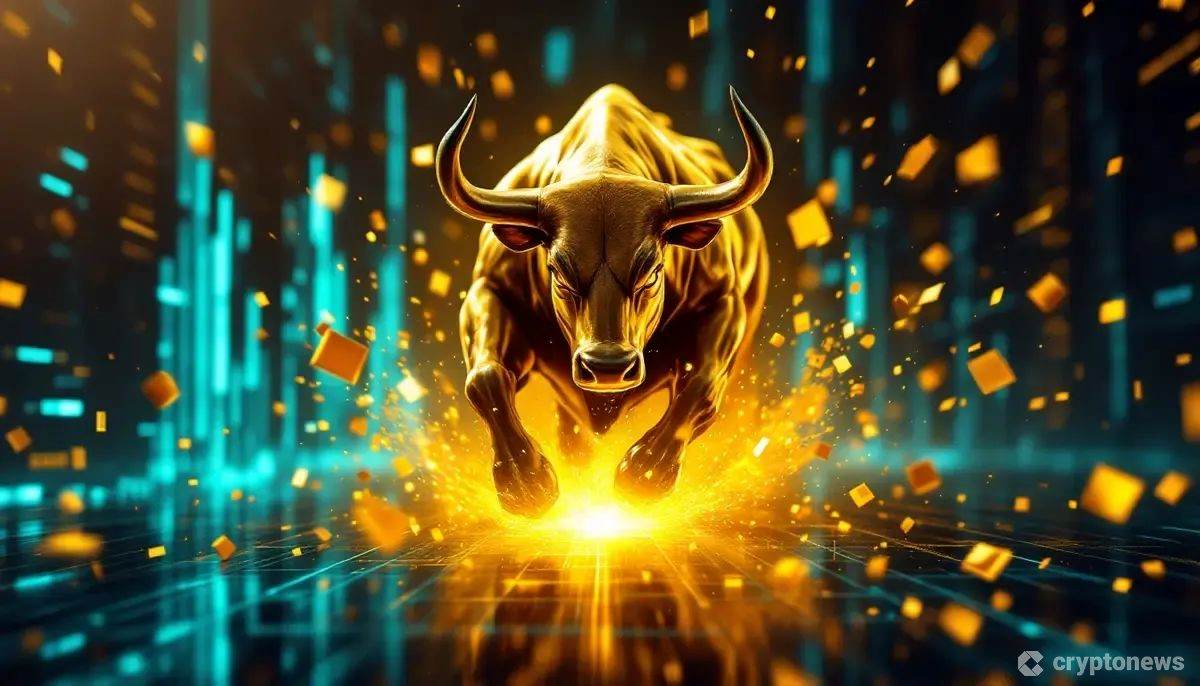 BTC Bull Token、SEI、EOSなどのアルトコインがデジタルデータの流れの中を進む、強気の暗号資産市場を示すダイナミックなデジタルアート