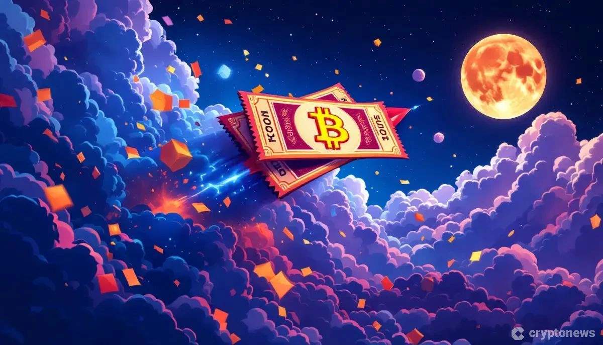 宝くじのようなビットコインのシンボルが月に向かって急上昇するイラスト