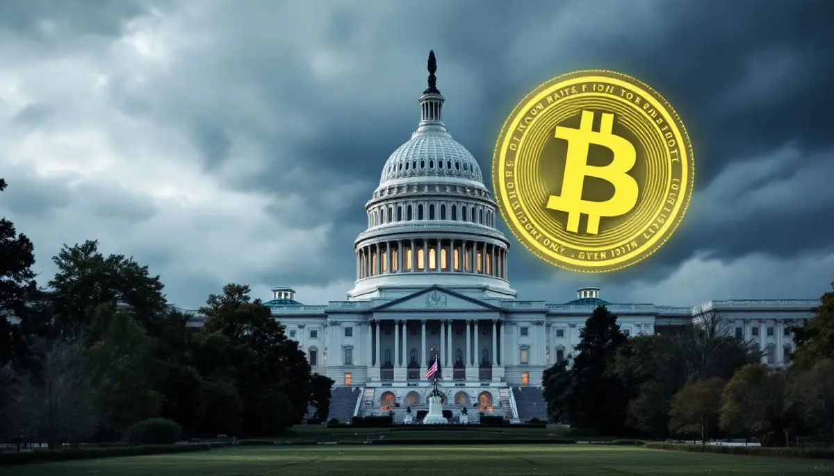 嵐模様の空の下、ビットコインのシンボルがかすかに重ねられたアメリカ合衆国議会議事堂の様式化された画像