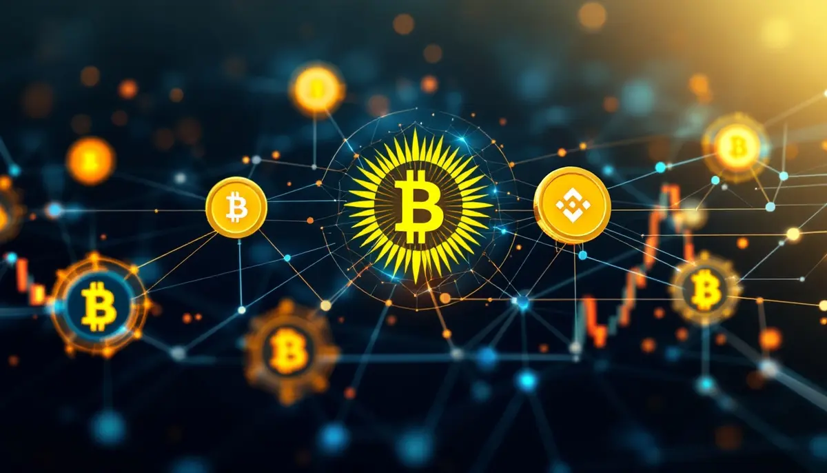 キルギスの国旗とビットコイン、バイナンスコインのシンボルがデジタルネットワークで繋がる抽象的なイメージ
