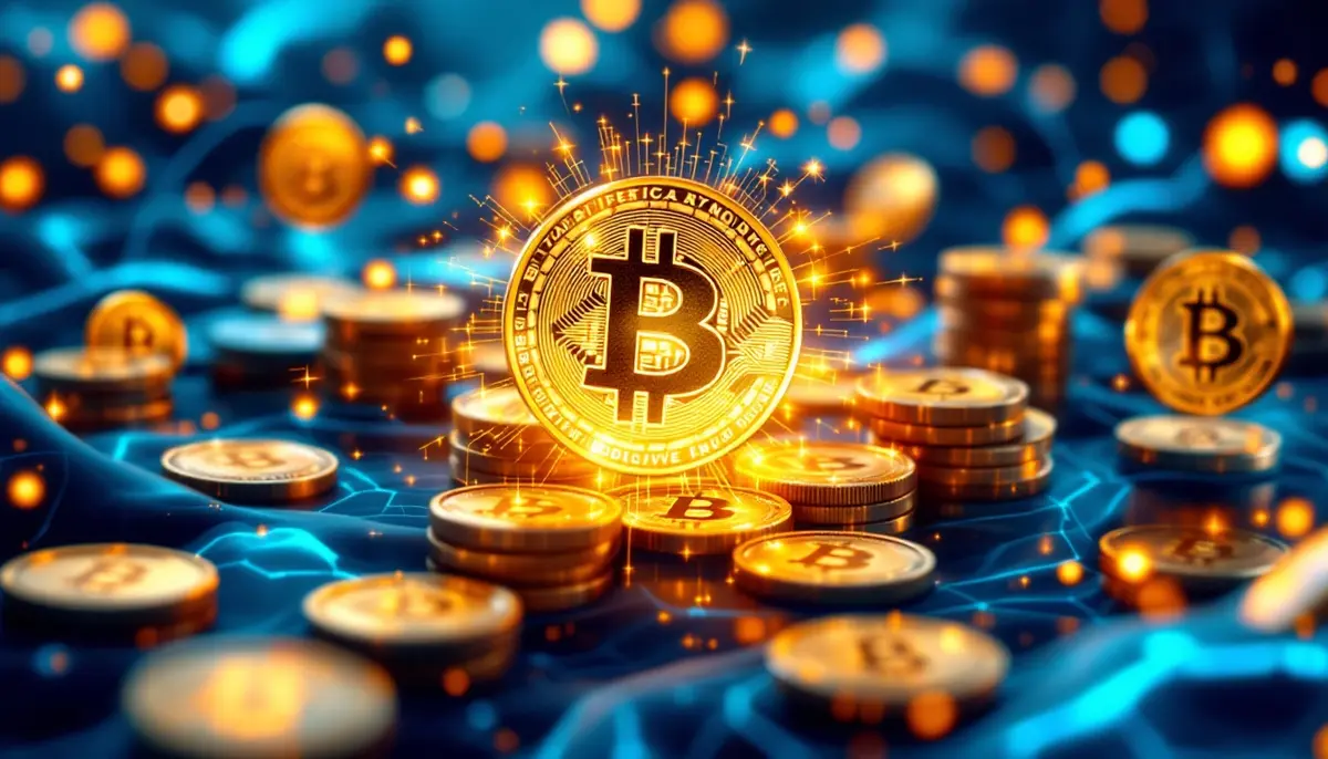デジタルビットコインのシンボルと医療関連の抽象的な背景が組み合わさった画像