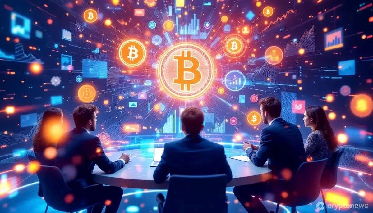 未来的なホログラムディスプレイを囲み、ビットコイン投資戦略について議論する企業幹部たち。