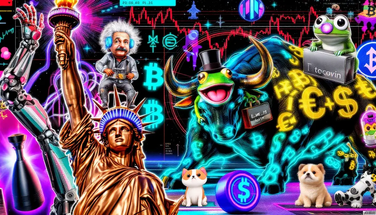 政治とAI、動物イメージが融合した仮想通貨のイメージイラスト