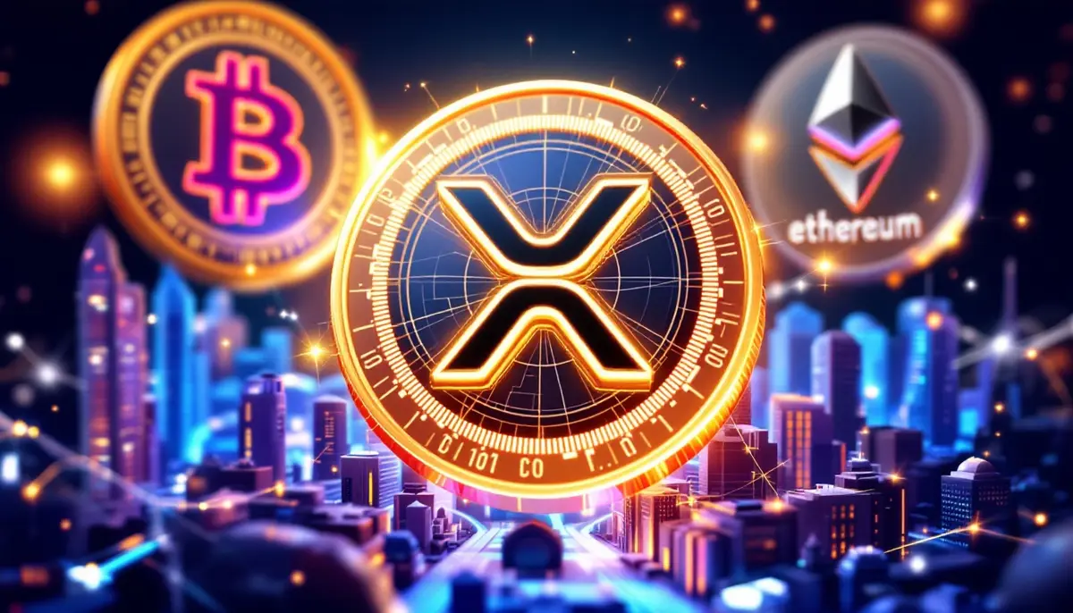 XRPを中心にしたデジタル都市とビットコイン・イーサリアムが背景にあるイメージ
