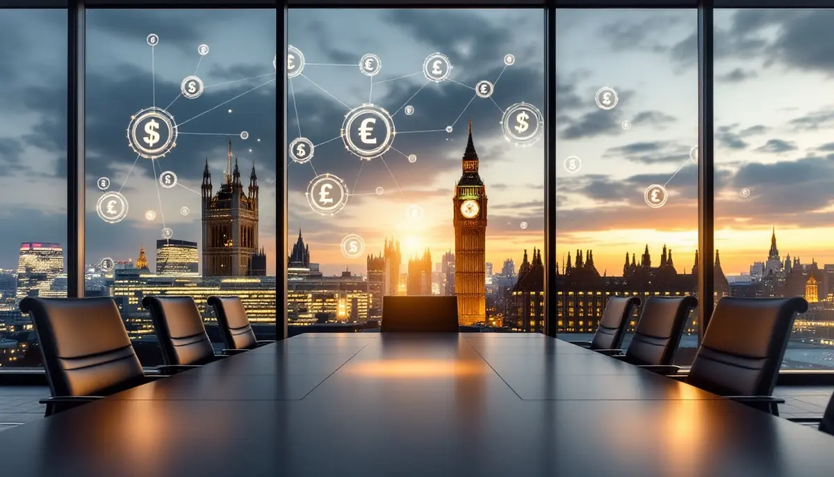 ロンドンの金融街とデジタル通貨アイコンが融合した近未来的な会議の風景