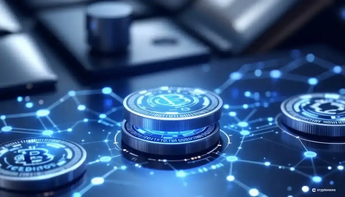 デジタルネットワーク上に浮かぶ3種類の仮想通貨コインのイメージ