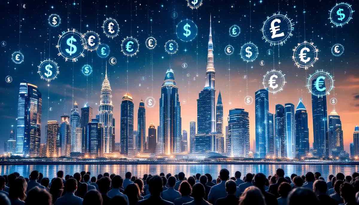 ドバイの近未来的なスカイラインと仮想通貨のシンボルが会議の参加者たちの上に浮かぶ様子