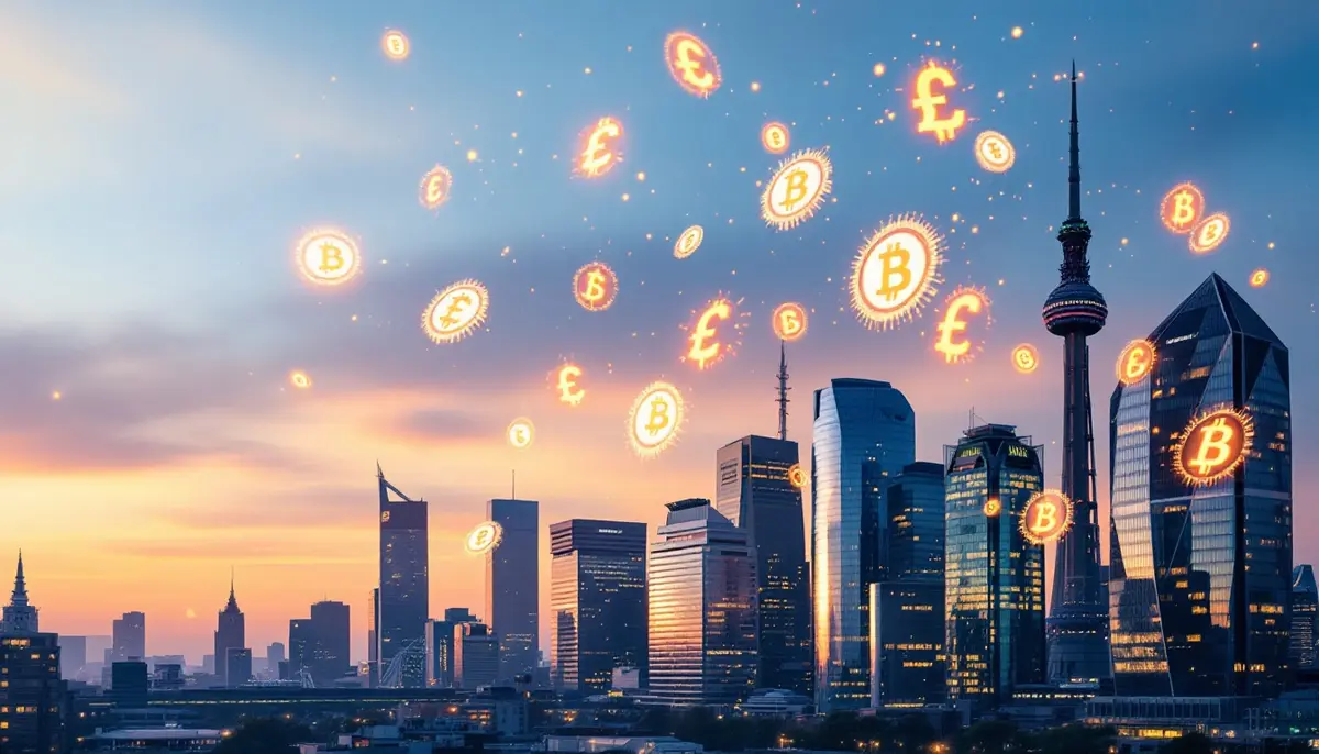 ロンドンのオフィス街とデジタル通貨のアイコンが浮かぶ未来的なイメージ