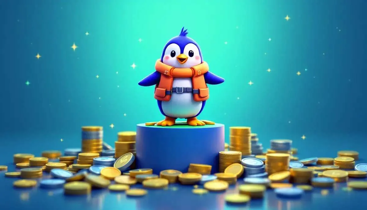 可愛らしいペンギンのキャラクターと仮想通貨コインが並ぶイメージ
