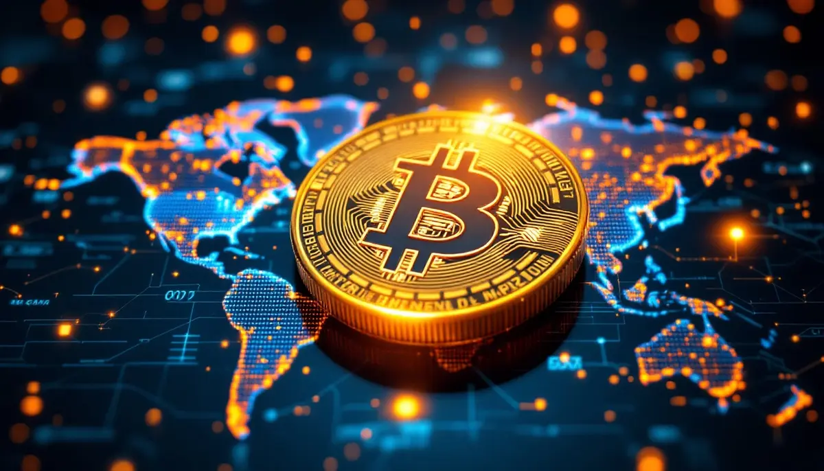 デジタル世界地図の上で輝くビットコインと抽象的な金融フロー