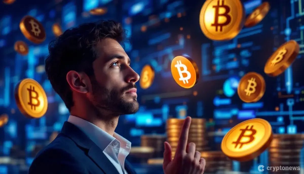 ビットコインのコインが浮遊する中、落ち着いて画面を見る投資家