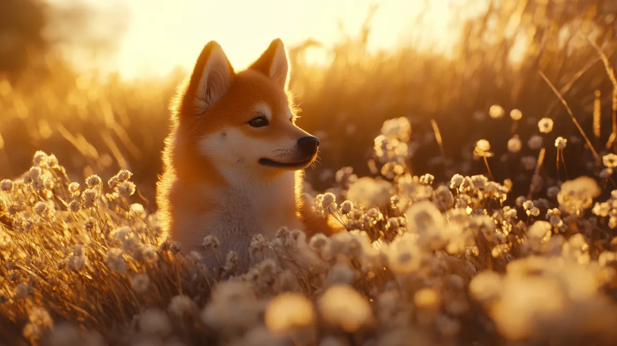 高原の中にいる柴犬