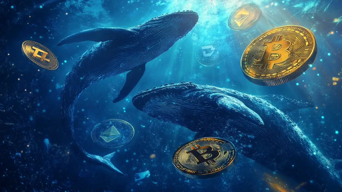 クジラと4つの仮想通貨が描かれたデジタルアート