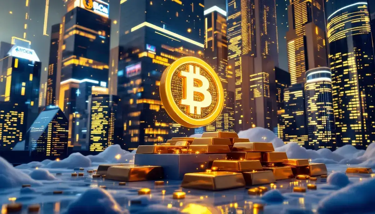 金の延べ棒とビットコインのシンボルが並ぶ近未来的な金融都市の風景