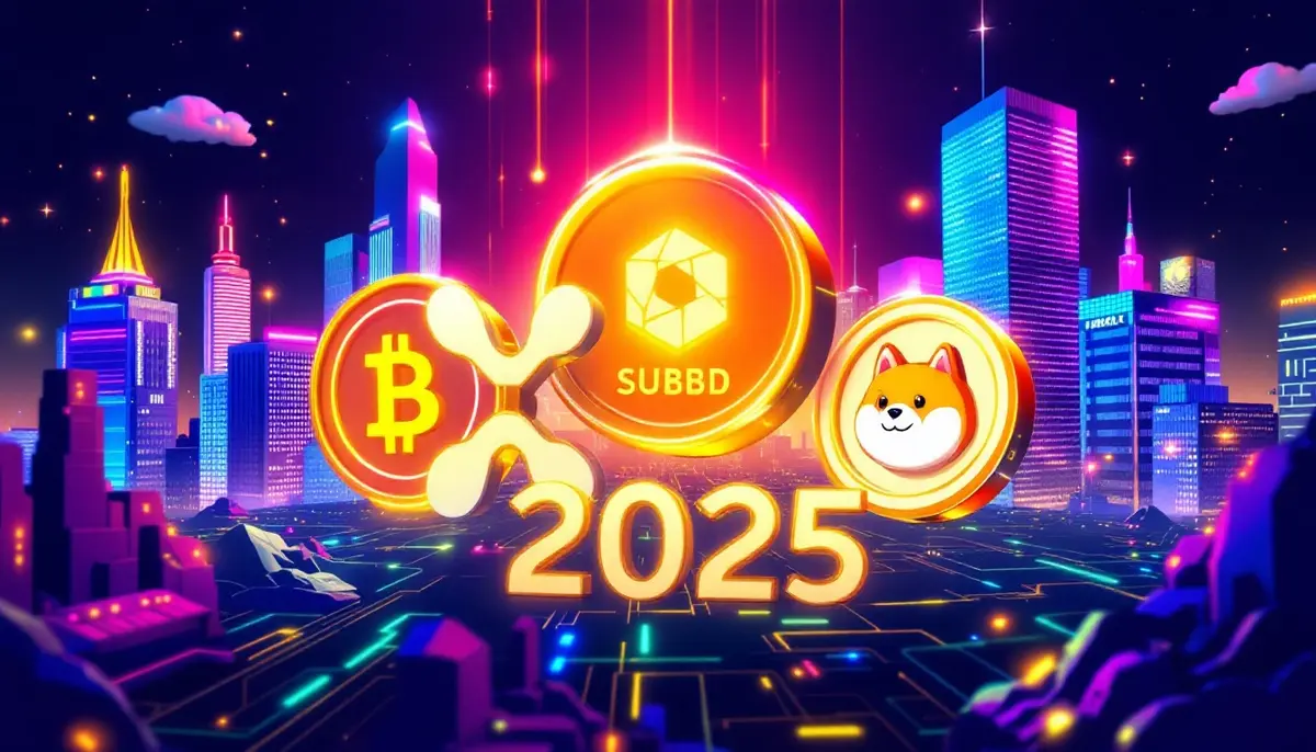 SUBBD、XRP、Polygon、Dogecoinが輝くデジタル都市のビジュアル