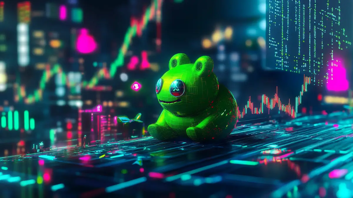 仮想通貨市場でAIとミームが融合したMIND of Pepeを象徴するイラスト