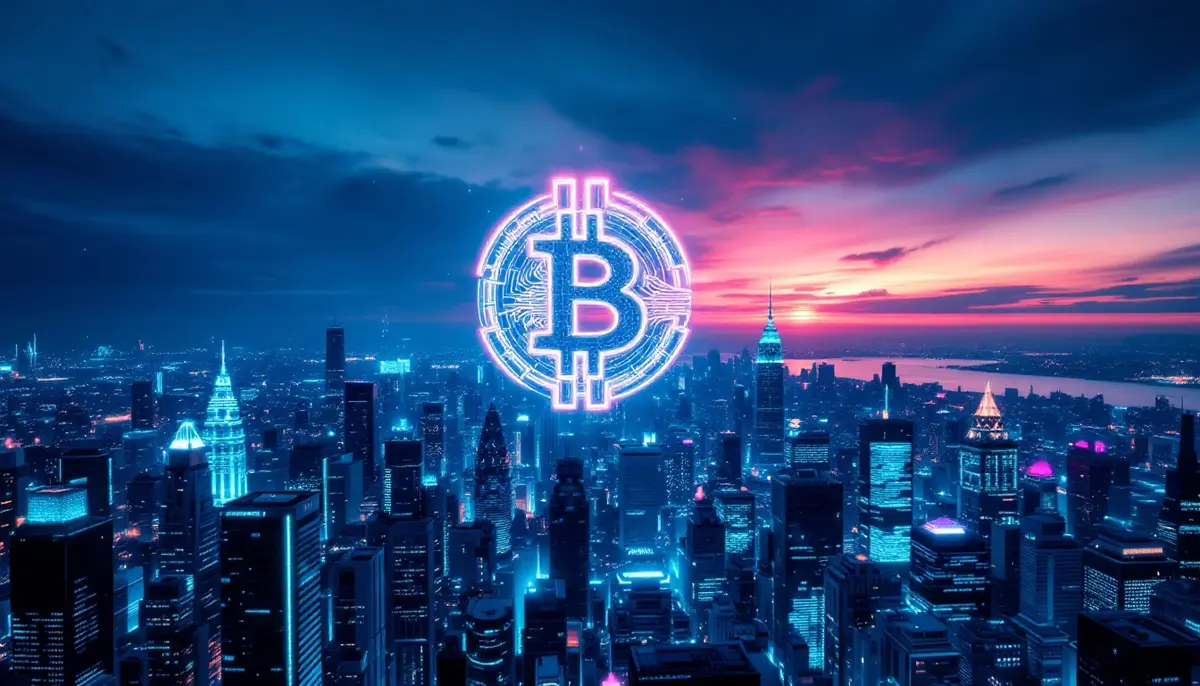 近未来的な都市の上空に浮かぶ輝くビットコイン