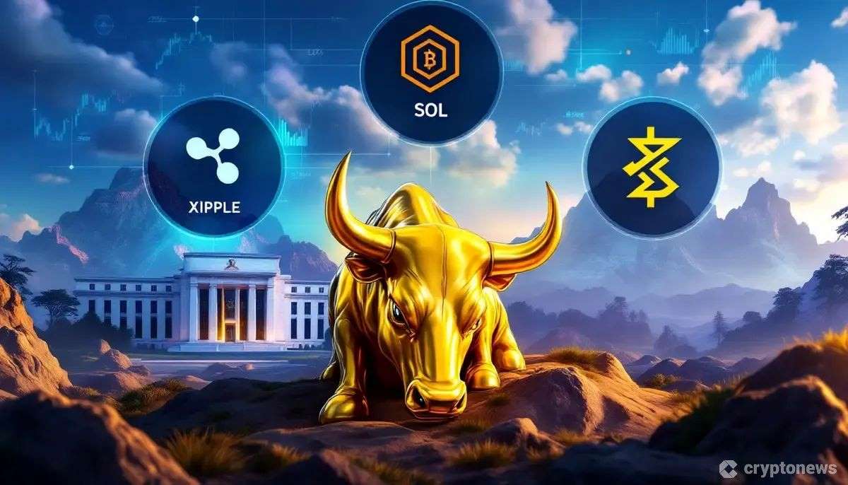 BTC Bull Token、XRP、SOL、LINK、新しい仮想通貨の象徴的なロゴと米国FRBビルのビジュアル