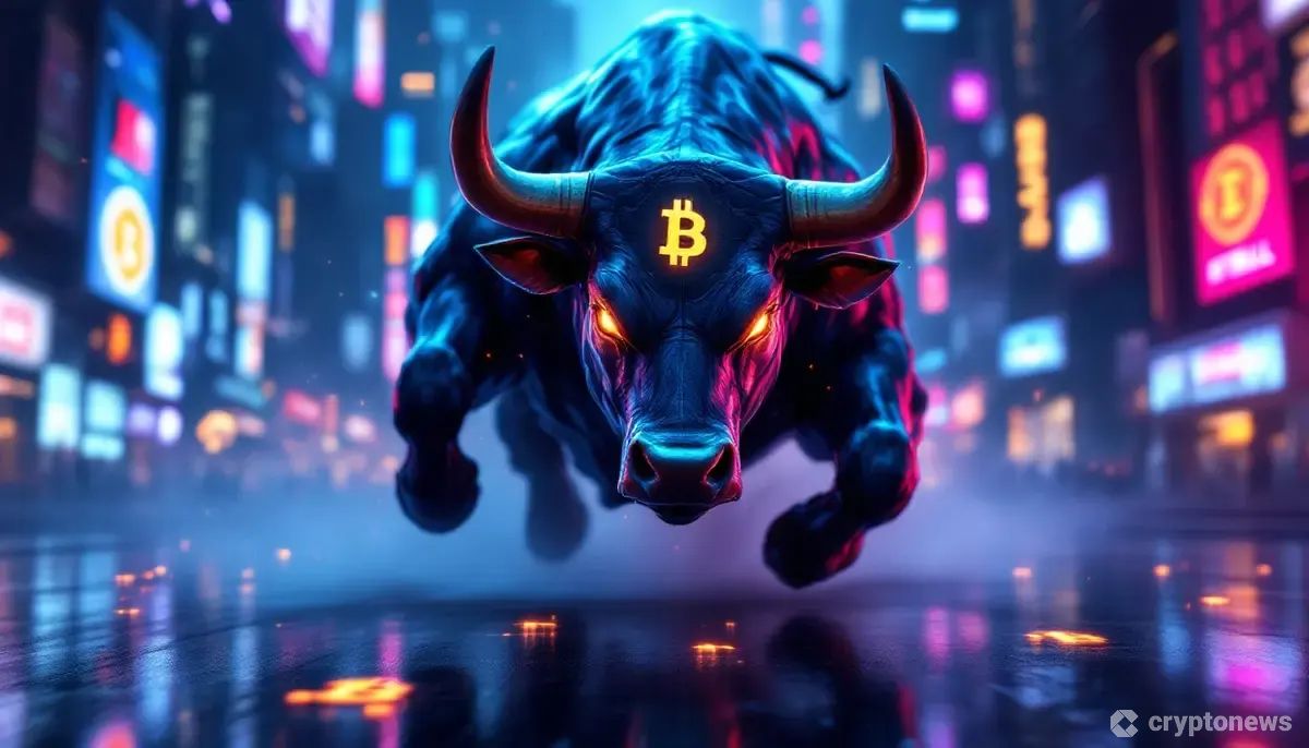 ビットコイン強気相場と仮想通貨シンボルが描かれたデジタルブルのイメージ