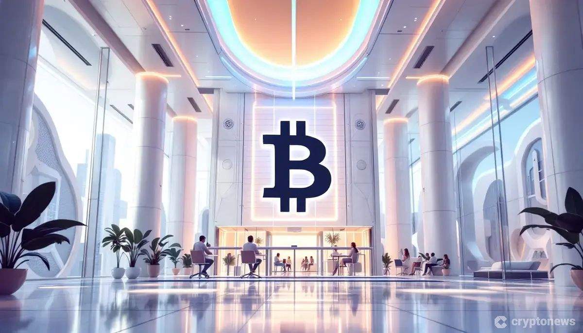 ビットコインのロゴが輝く近未来的なオフィス、医療と暗号資産の融合をイメージした風景