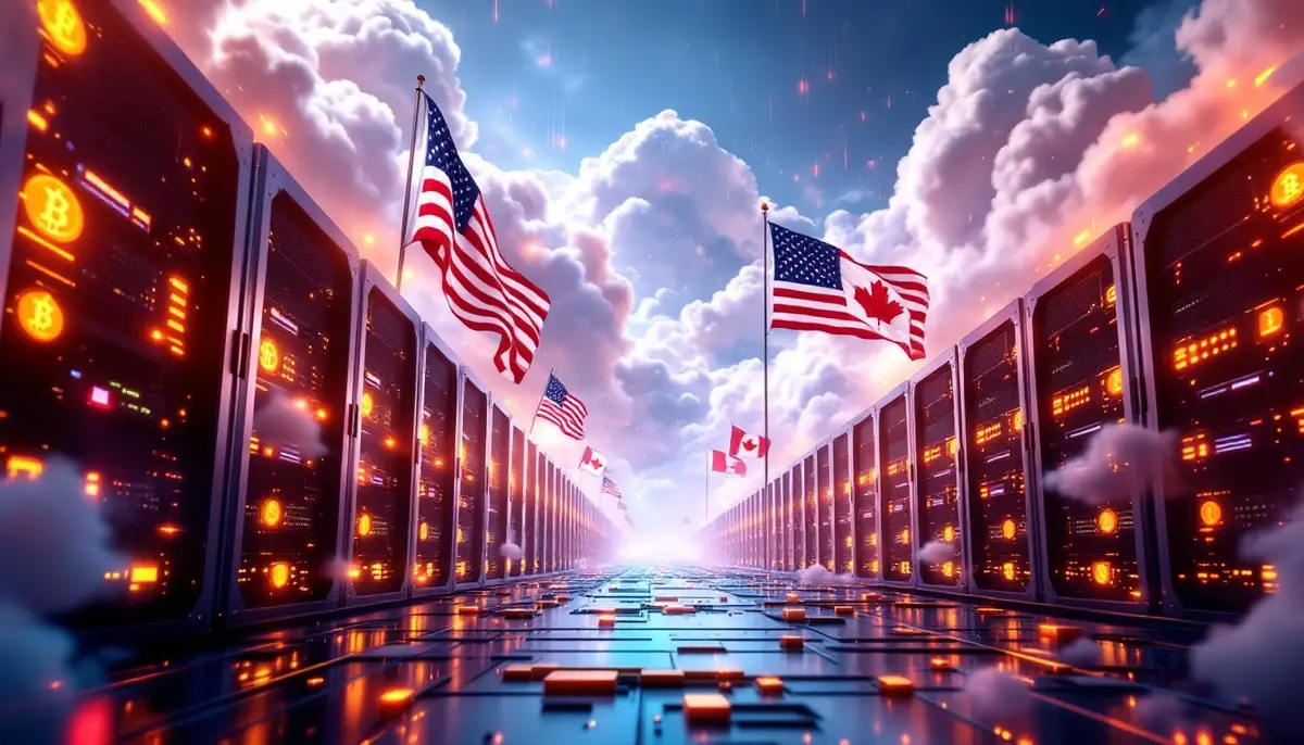 アメリカとカナダの国旗が並ぶ未来的なビットコインマイニング施設