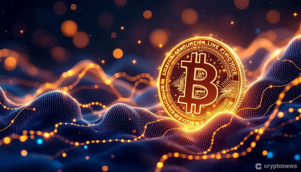 ビットコインと仮想通貨市場の高揚感を象徴する黄金色のコインと光の線