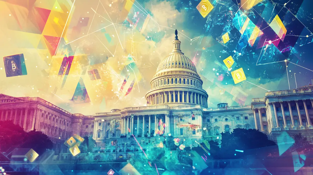 米国議会と仮想通貨、クリエイターやファンの交流を象徴するダイナミックなイメージ