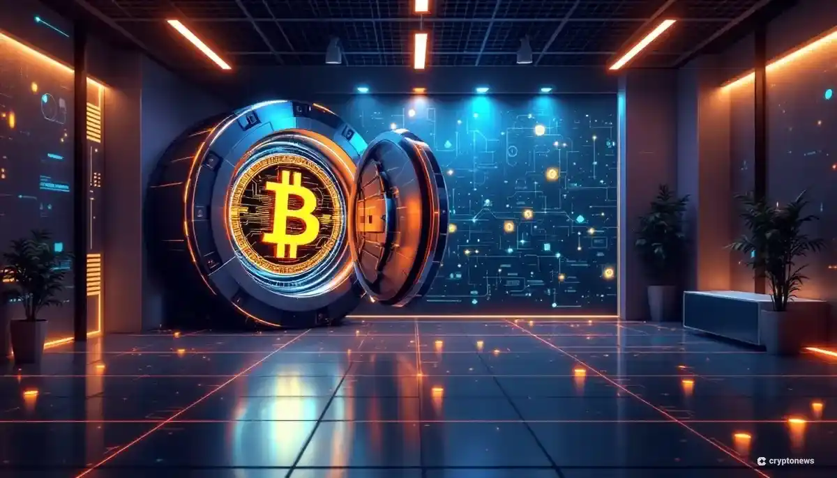 ビットコインのシンボルとAI要素が融合した現代的なオフィスのイメージ