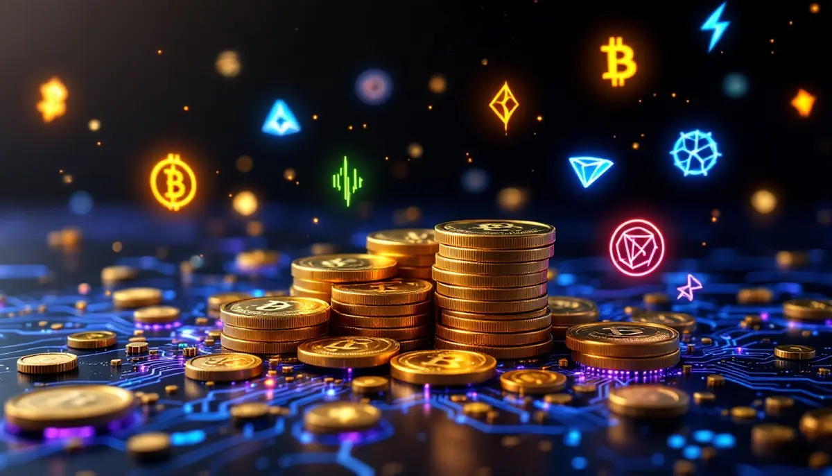 未来的な仮想通貨アイコンが浮かぶ暗い背景と積み上げられたコイン