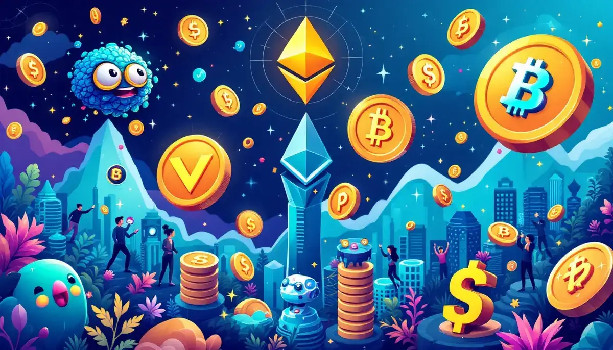 MIND of PepeやPEPEなど注目のミームコインが勢揃いした2025年仮想通貨の躍動的なイメージ