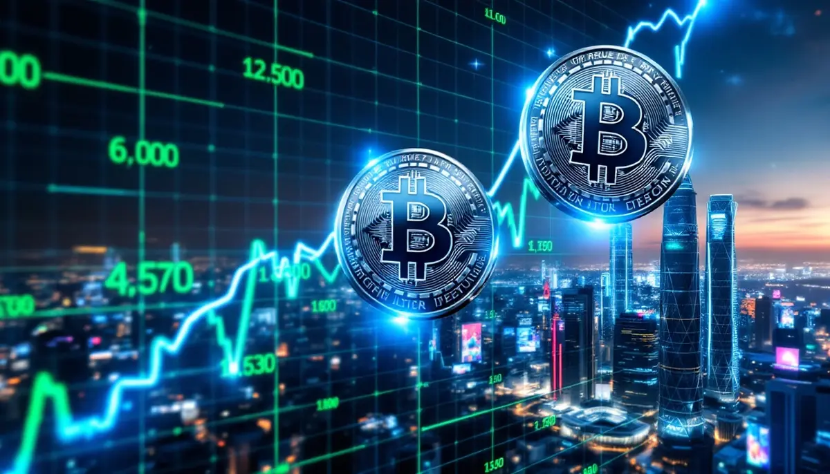 都市を背景に上昇グラフと3つの仮想通貨コインが描かれた未来的なイメージ