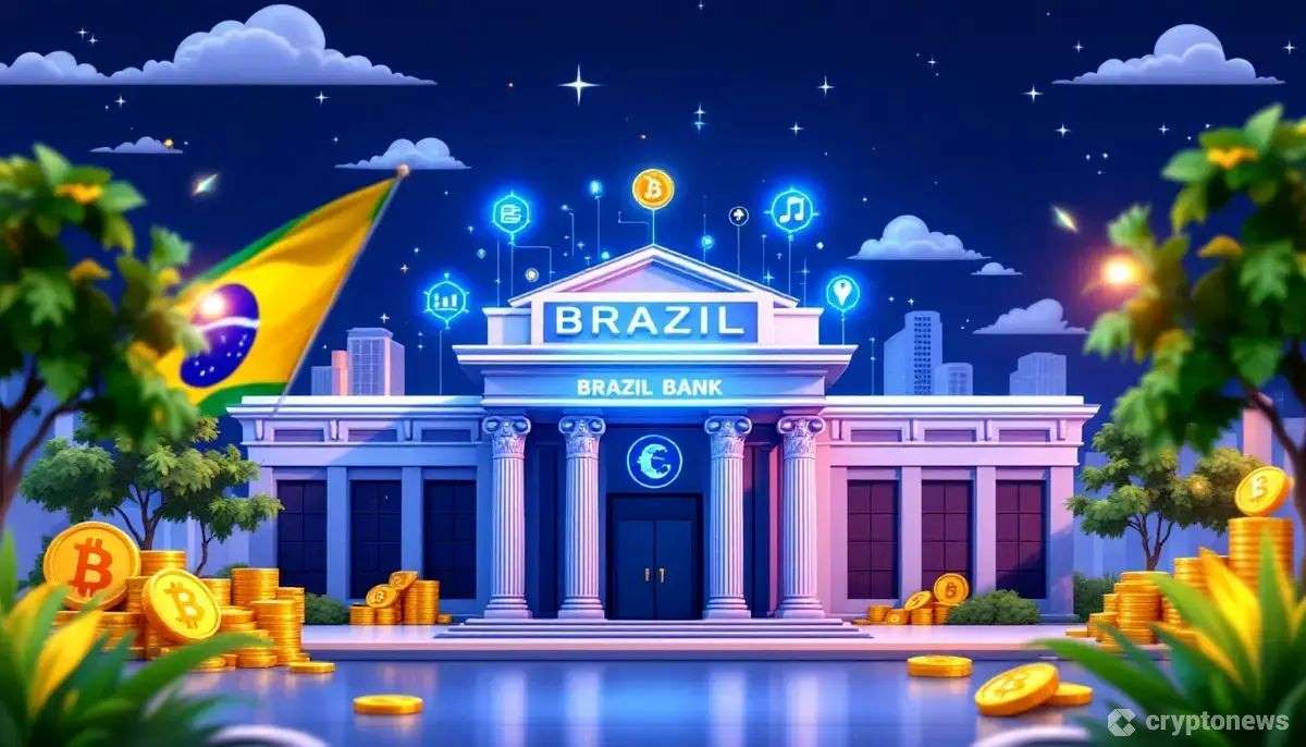 ブラジル国旗の色を示す現代的な銀行ビルとデジタルコインのイメージ