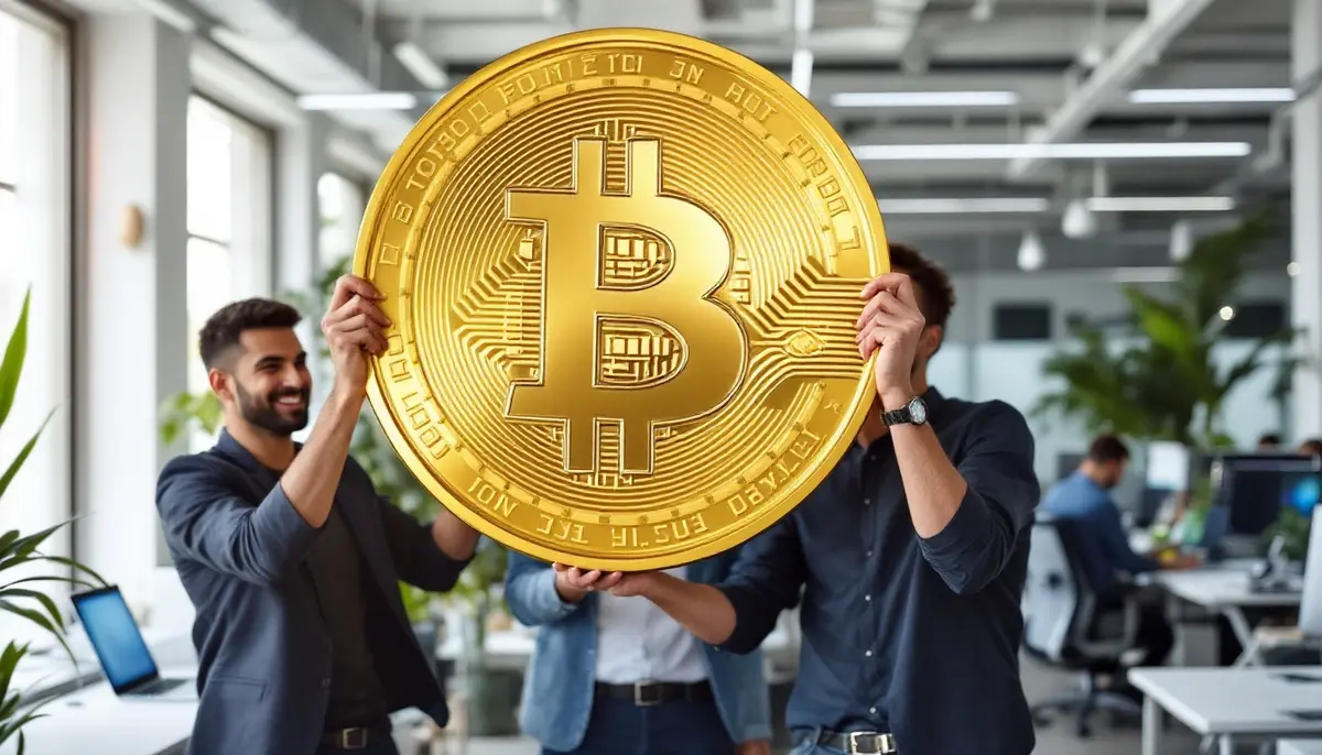 ブラジルのオフィスで巨大なビットコインのコインを掲げて喜ぶ企業チーム