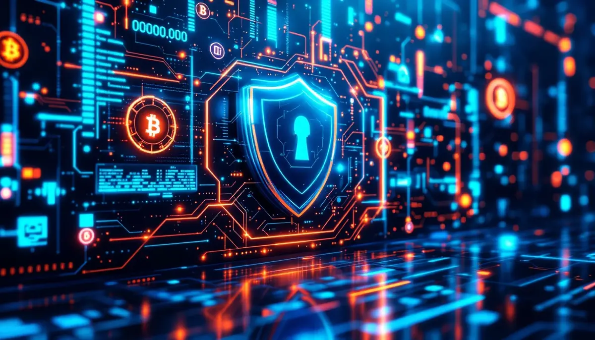 デジタルシールドと仮想通貨のアイコンが輝く近未来的なサイバーセキュリティセンター
