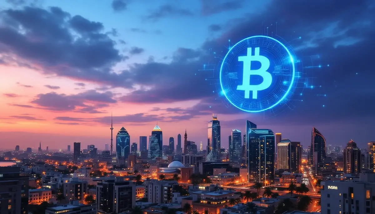 夕暮れの中東都市とビットコインのシンボルが融合したイメージ