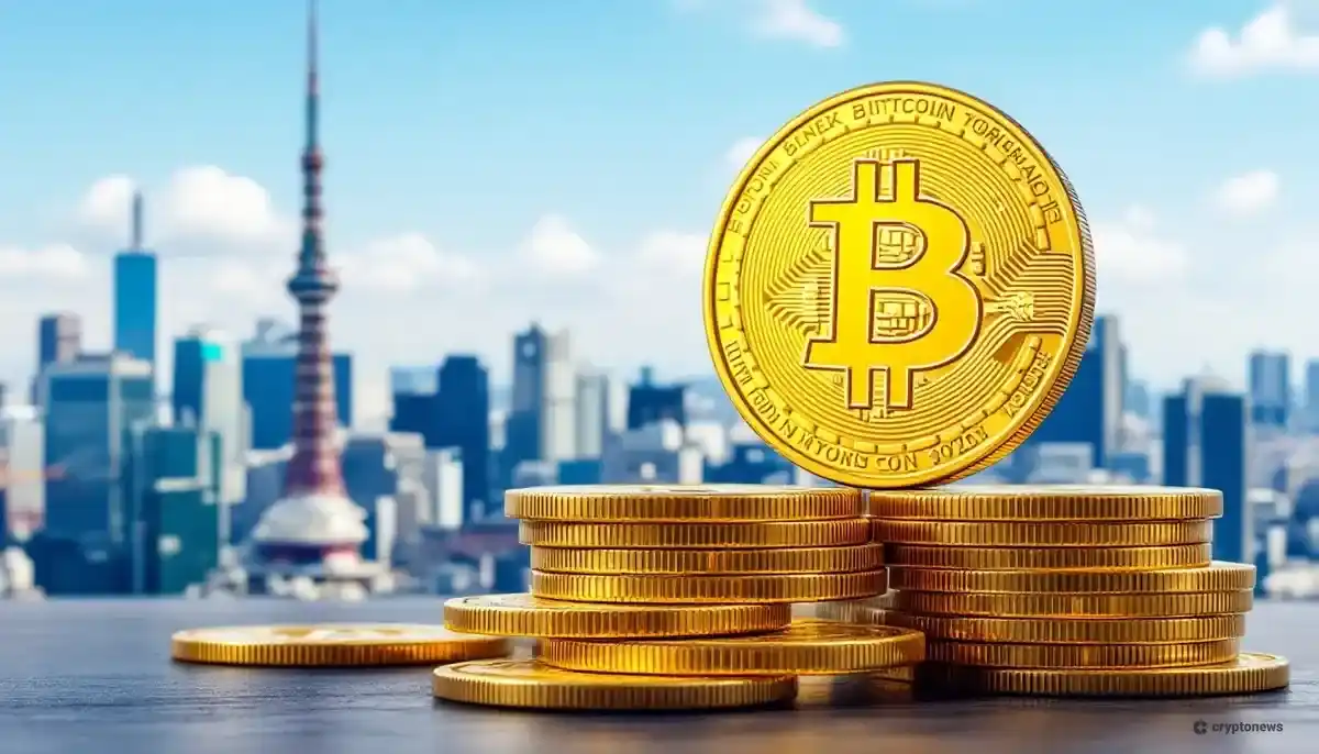 東京の都市を背景に積み上げられた金色のビットコインのコイン