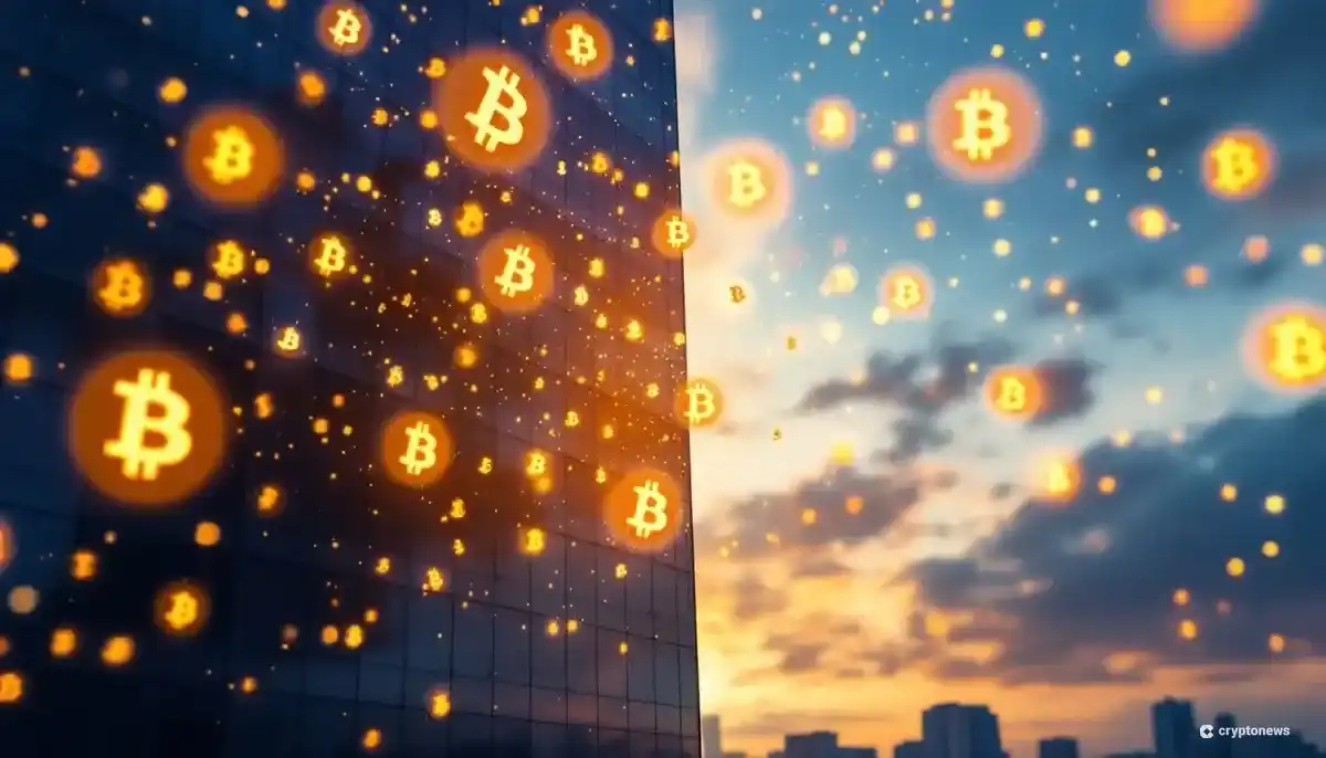 日本の近代的なオフィスビルと空に浮かぶビットコインのデジタルシンボル