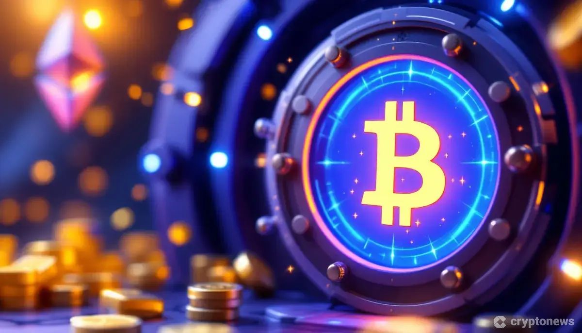 ビットコインとイーサリアムのロゴが輝くデジタル金庫と金の延べ棒