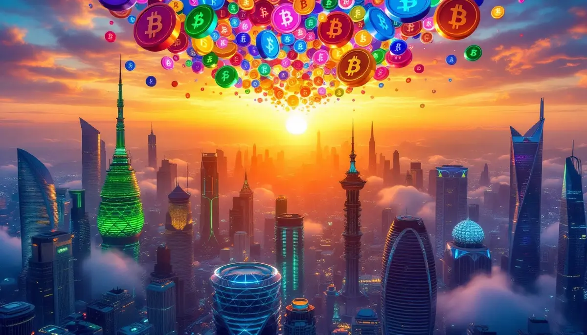 都市上空に浮かぶ複数の仮想通貨コインと朝焼けの光景
