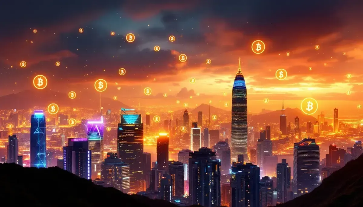 香港の近未来都市と空に浮かぶデジタルコインのイメージ