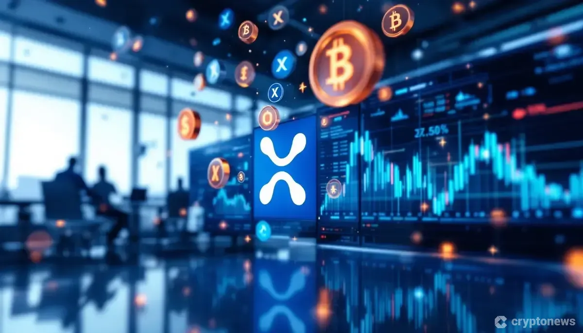 XRPロゴを中心に、デジタルスクリーン越しの現代的な金融取引フロア