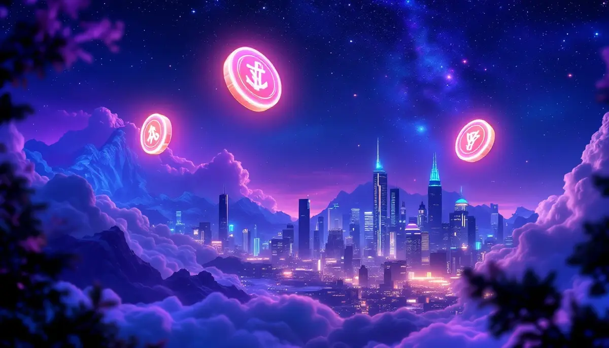 3つの新しい仮想通貨トークンが輝く未来的なデジタル空間のイメージ