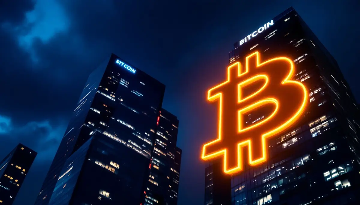 大型金融機関のビルとビットコインのロゴが夜に輝く様子