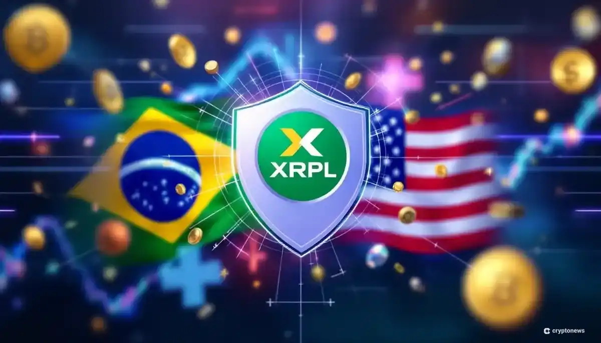 ブラジルと米国の国旗、XRPLのロゴが融合し、安全なデジタル環境でのステーブルコイン発行を表す抽象的な画像