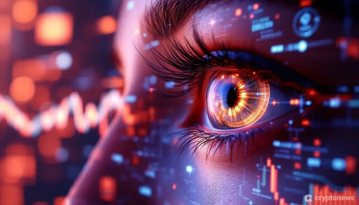 虹彩スキャン技術と仮想通貨チャートを示す未来的なインターフェース