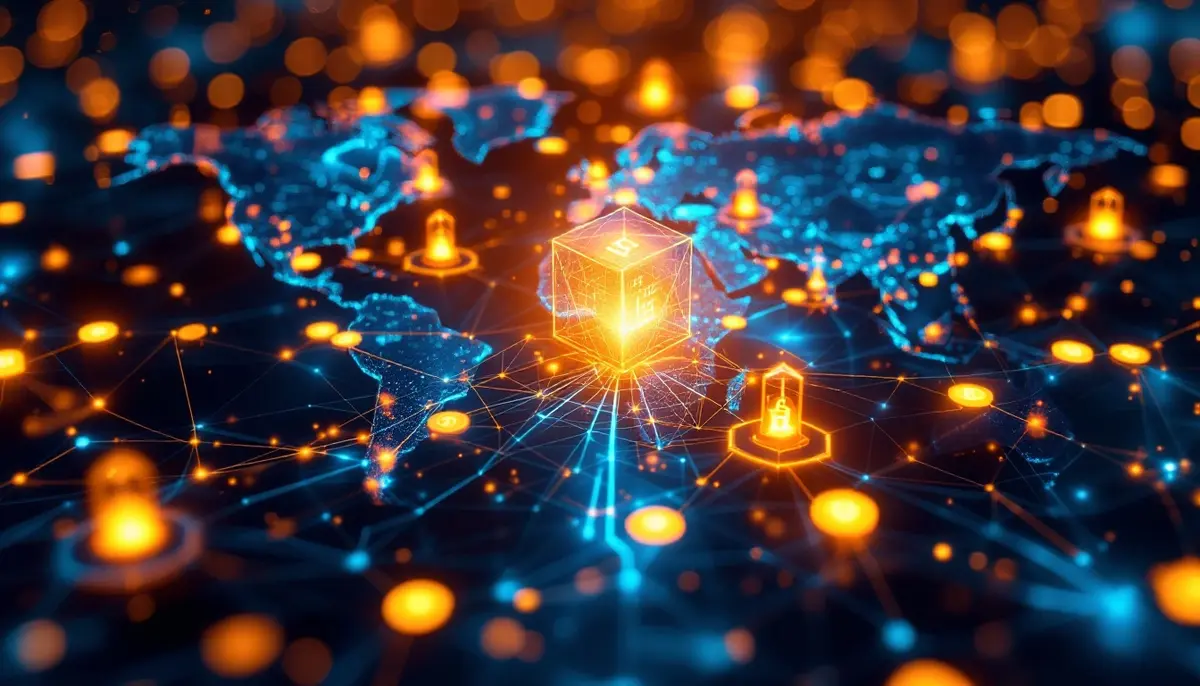 ブロックチェーンネットワークで接続される金融機関のデジタルイメージ