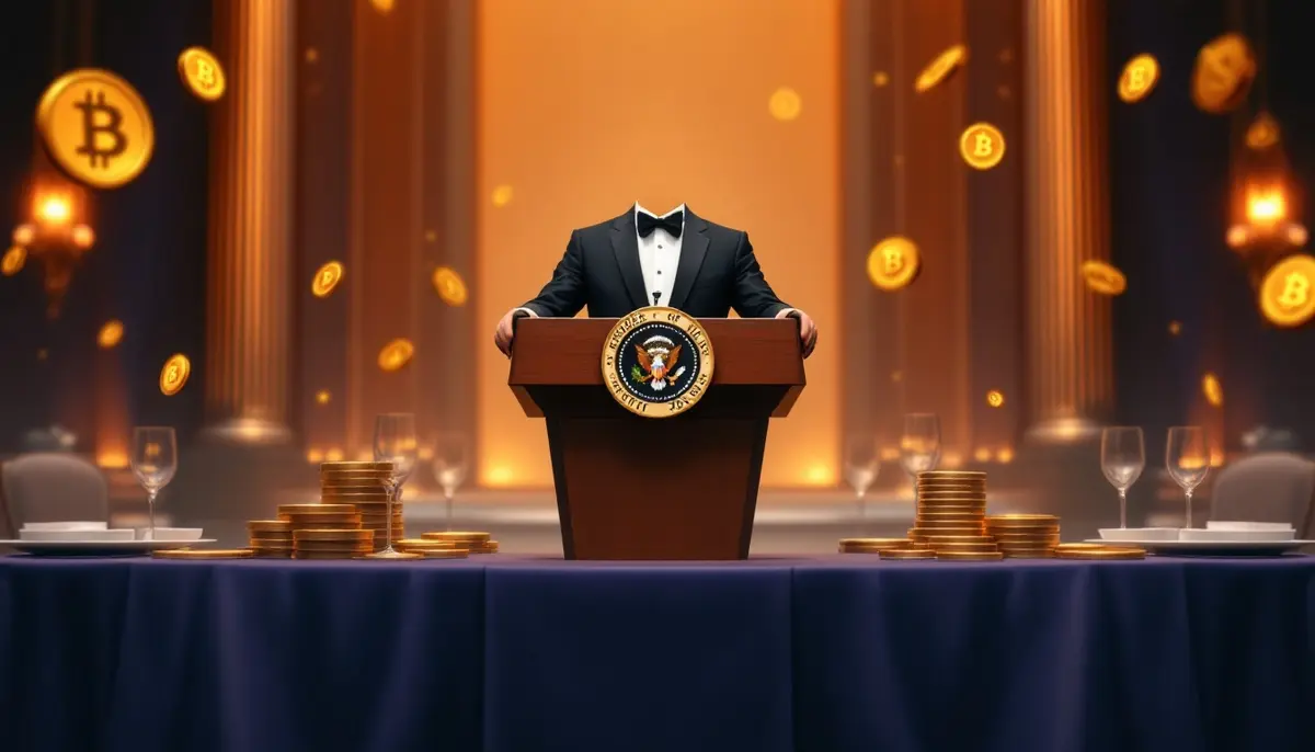 大統領印章が付いた演台と仮想通貨シンボルが描かれたフォーマルなディナー会場